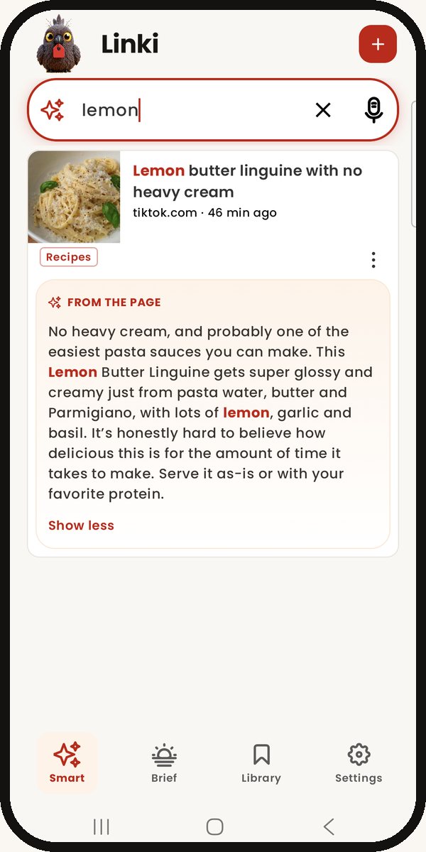 Linki search for one word, showing the matching saved post with its AI summary.