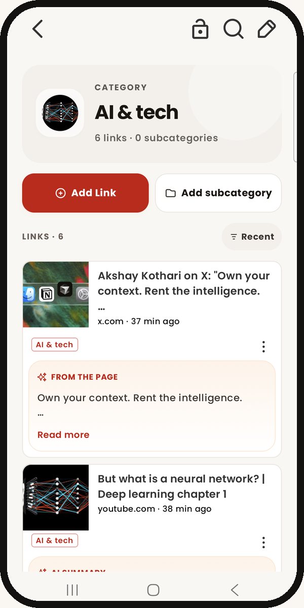 A Linki category holding saved YouTube videos and X posts.