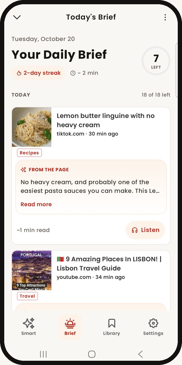 Linki Brief screen with saved links to revisit today.
